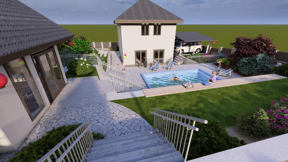 Трехуровневый двор на крутом склоне